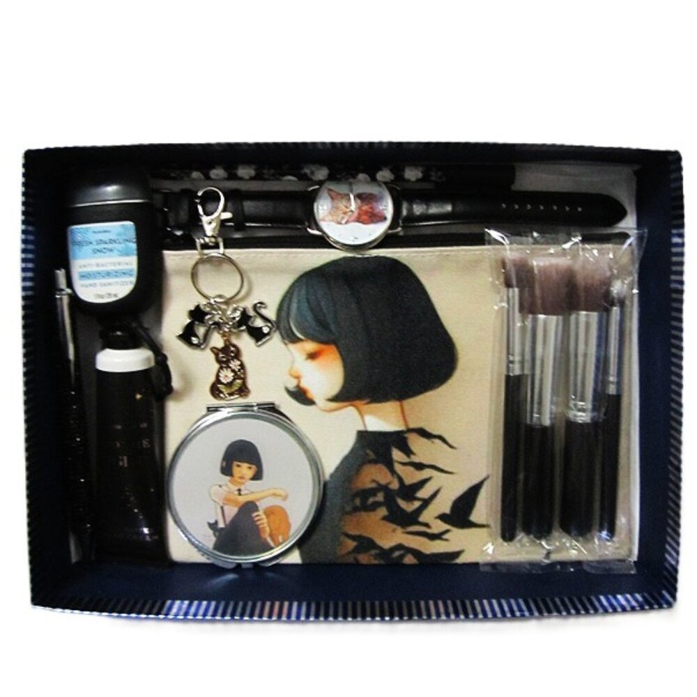 Girl & Cat Watch Cosmetic Bag Brushes Compact Mirror 9 items total NEW